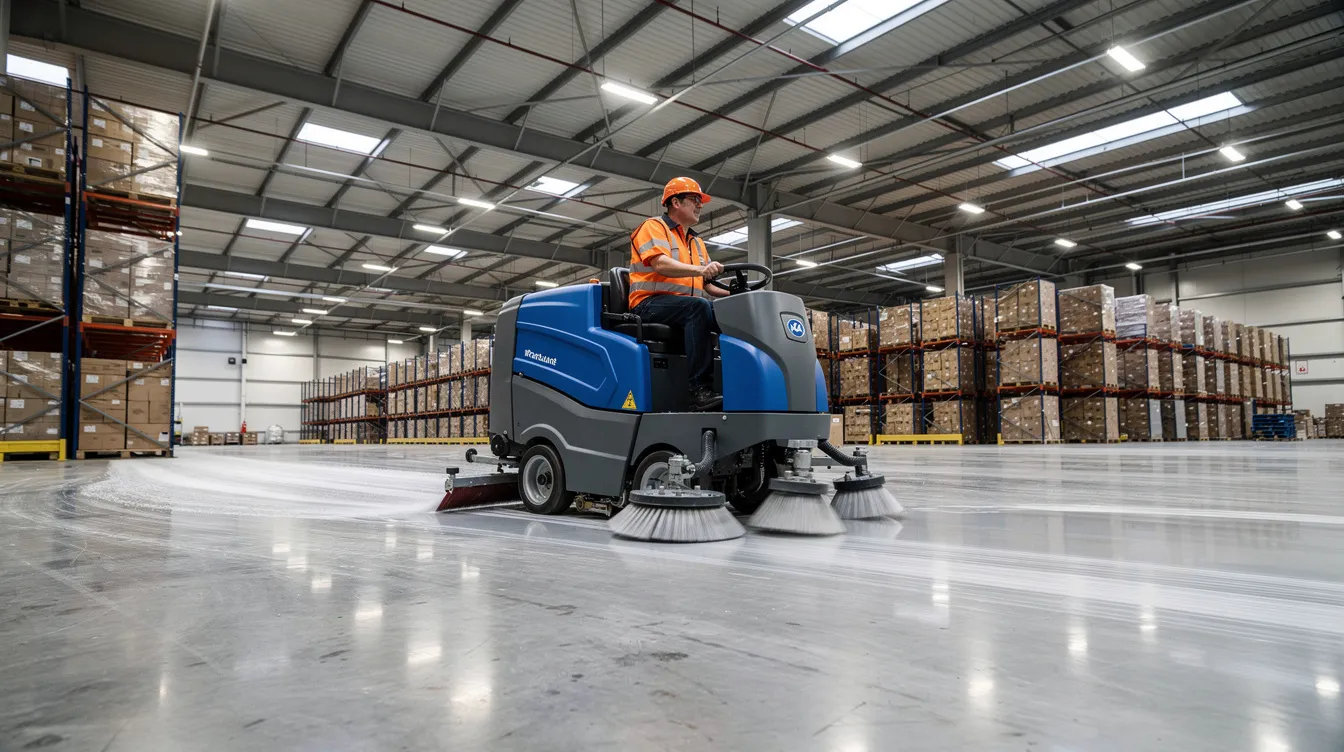 Une autolaveuse industrielle est en fonctionnement dans un grand entrepôt, nettoyant efficacement le sol avec des produits adaptés au nettoyage professionnel. Cette scène illustre l'importance de l'entretien dans le secteur de l'industrie, garantissant propreté et sécurité sur le site.