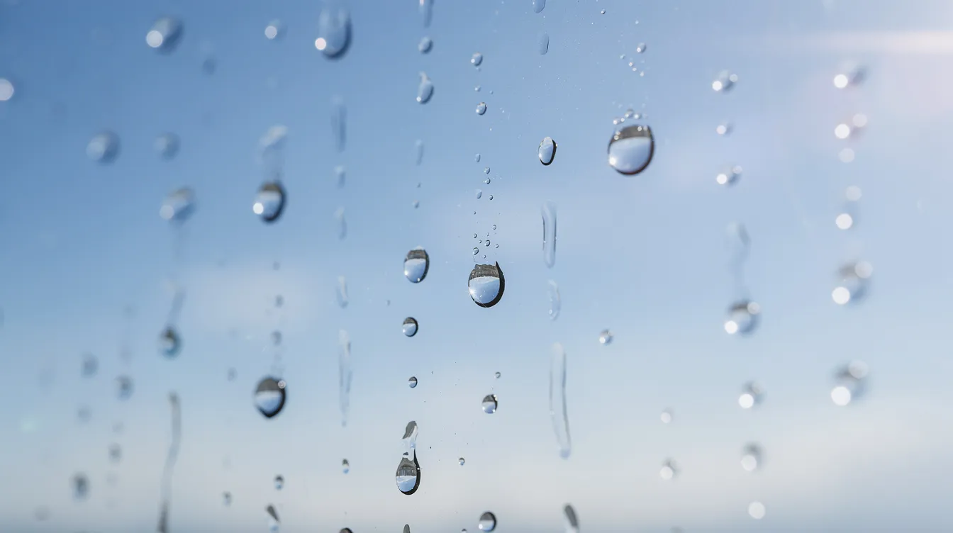 Un gros plan montre des gouttelettes d'eau pure glissant sur une vitre transparente, avec un ciel bleu en arrière-plan. Cette image évoque la qualité de l'eau osmosée, symbolisant la purification et le nettoyage à l'eau, tout en mettant en avant la beauté de l'eau sans impuretés.