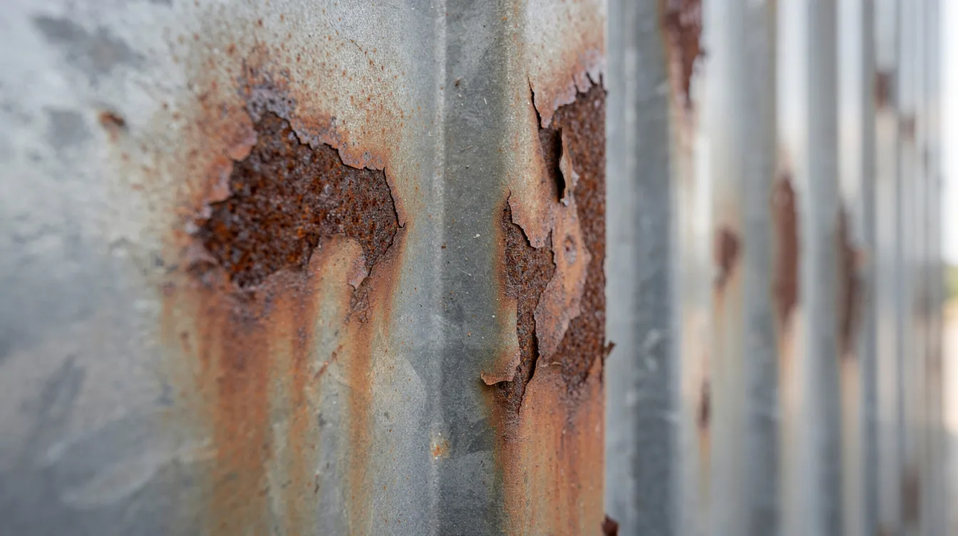 L'image montre des taches de rouille sur le métal d'un bardage, indiquant des signes d'usure sur la façade d'un bâtiment. Ce type de dégradation nécessite un entretien régulier pour préserver l'apparence et la durabilité du bardage.