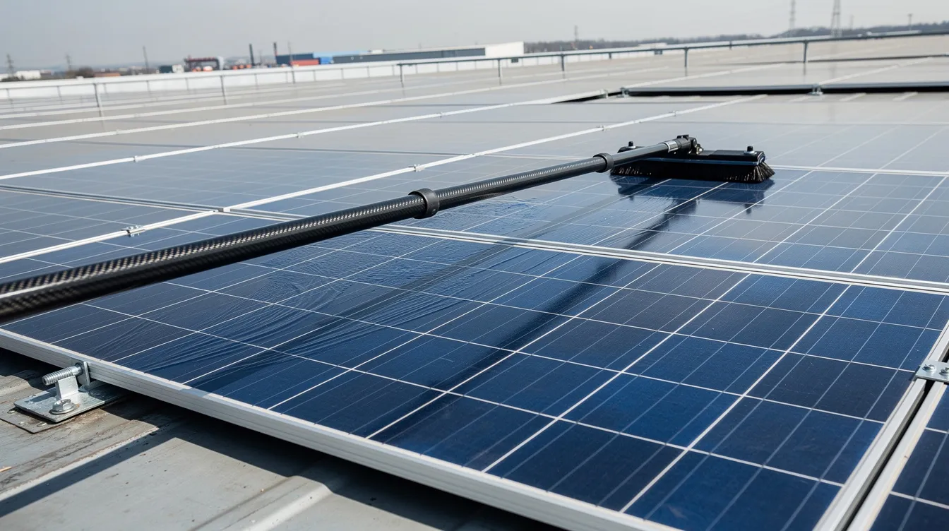 Une perche télescopique en fibre de carbone est utilisée pour nettoyer des panneaux solaires sur le toit d'un entrepôt industriel, permettant d'éliminer les salissures et d'assurer une performance optimale grâce à un nettoyage à l'eau osmosée. Cette méthode contribue à maintenir la qualité de l'énergie solaire en maximisant l'efficacité des surfaces.