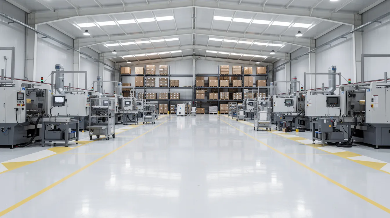 L'image montre un entrepôt industriel impeccablement propre, avec des machines modernes disposées de manière organisée et un sol brillant reflétant la propreté. Cet espace témoigne des normes élevées de nettoyage professionnel, essentielles pour assurer la sécurité et l'efficacité dans le secteur industriel.