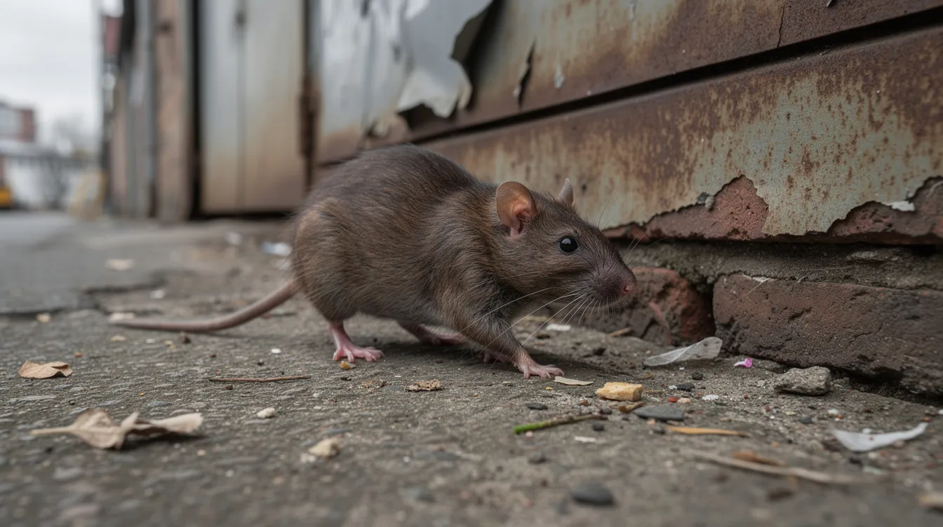 Un rat brun se déplace le long d'un mur d'un bâtiment industriel dans un environnement urbain, illustrant la présence de rongeurs dans des zones peuplées. Cette image souligne l'importance des services de dératisation et de désinsectisation pour prévenir l'infestation et garantir la sécurité des locaux.