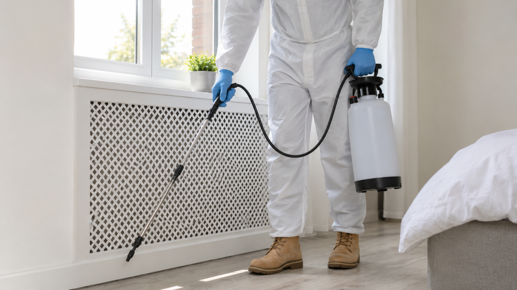 Technicien équipé d’une combinaison de protection et d’un pulvérisateur professionnel lors d’une intervention de désinfection intérieure, destinée à traiter les surfaces et zones sensibles d’un bâtiment.
