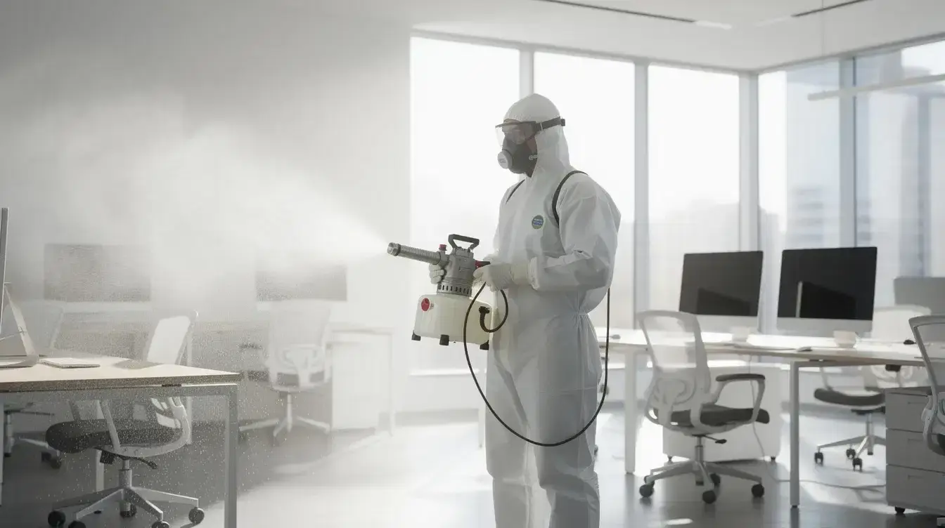 Un professionnel de nettoyage utilise un nébuliseur pour pulvériser un désinfectant dans un bureau vide et lumineux, assurant ainsi la propreté et l'hygiène des locaux. L'espace est bien éclairé, mettant en avant les efforts de désinfection pour le bien-être des futurs visiteurs.