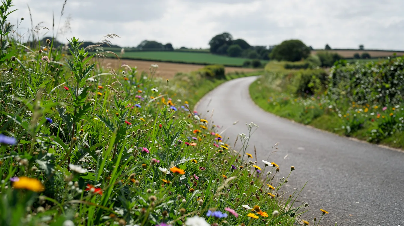 Une piste cyclable entourée de végétation verte luxuriante et de fleurs sauvages, typique des milieux ruraux, offrant un cadre agréable pour les cyclistes. L'entretien des aménagements cyclables est essentiel pour préserver cet environnement naturel et assurer une expérience plaisante aux usagers.