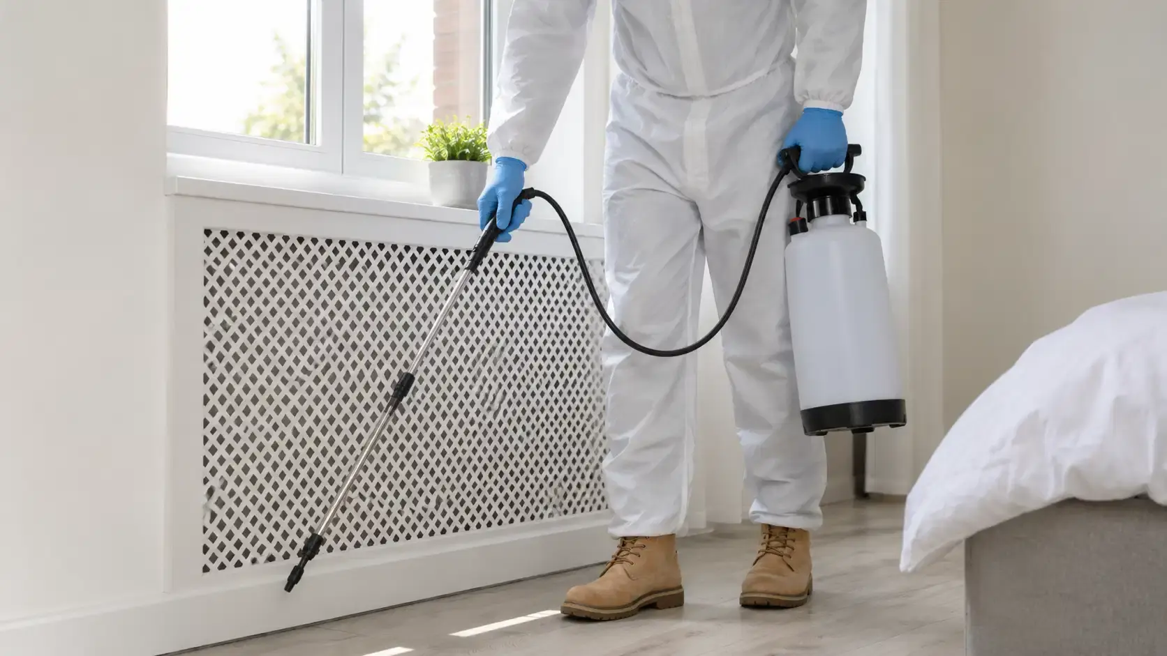 Technicien équipé d’une combinaison de protection et d’un pulvérisateur professionnel lors d’une intervention de désinfection intérieure, destinée à traiter les surfaces et zones sensibles d’un bâtiment.