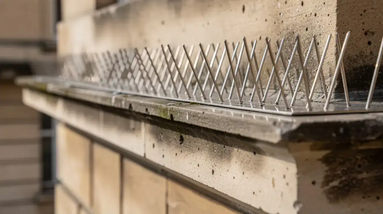 Gros plan sur des pics anti-pigeons en inox, installés sur la corniche d'un bâtiment en pierre, illustrant une solution efficace pour la lutte contre la présence de pigeons. Ces dispositifs sont essentiels pour la sécurité et le bien-être des habitations, en prévenant les dégradations causées par les fientes de pigeons.