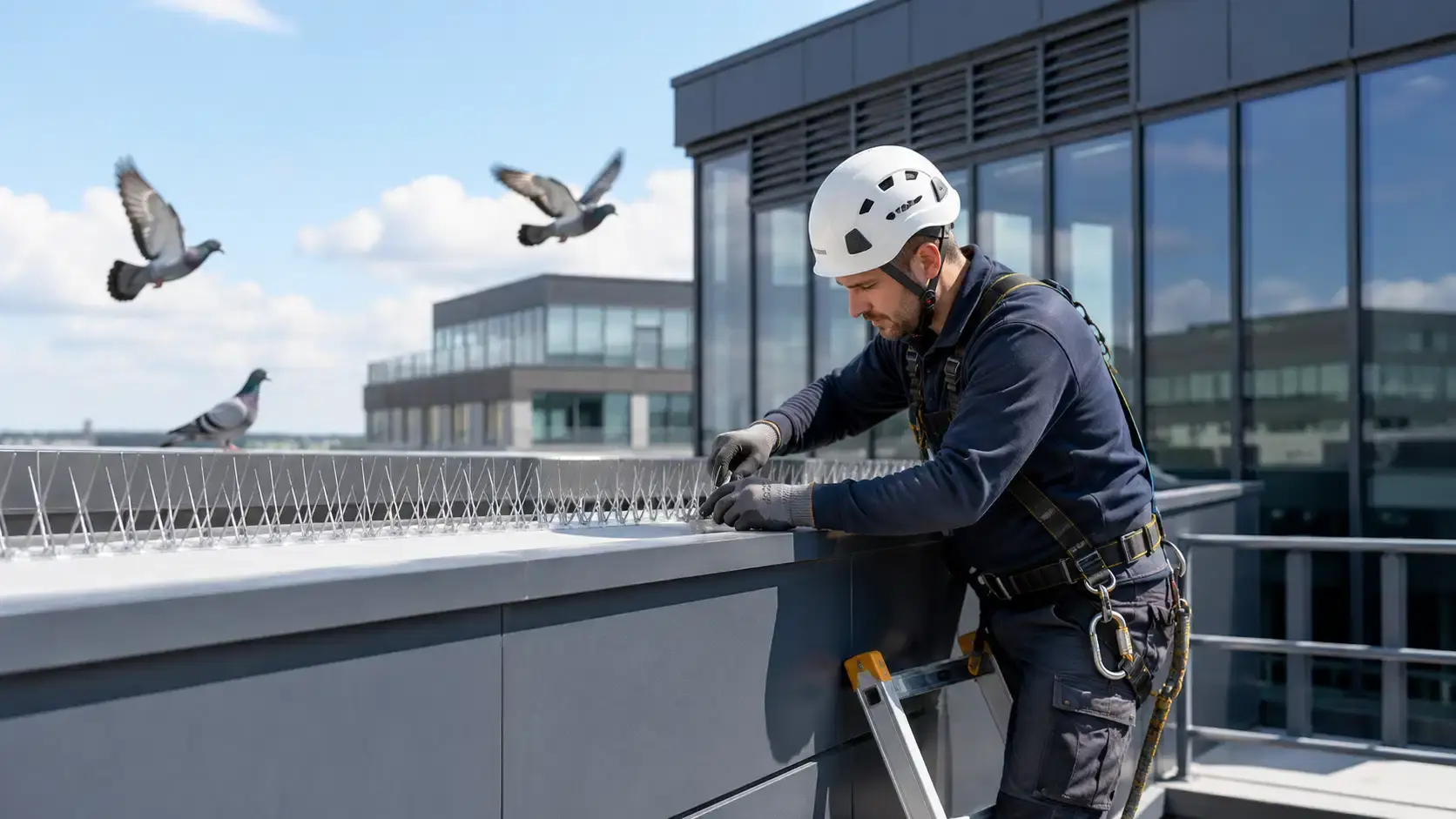 Une équipe de professionnels, équipée de dispositifs de sécurité, intervient sur la façade d'un immeuble urbain pour mettre en place des solutions anti-pigeons. Ils installent des pics anti-pigeons afin de prévenir les dégradations causées par la présence de volatiles et de garantir la santé publique.