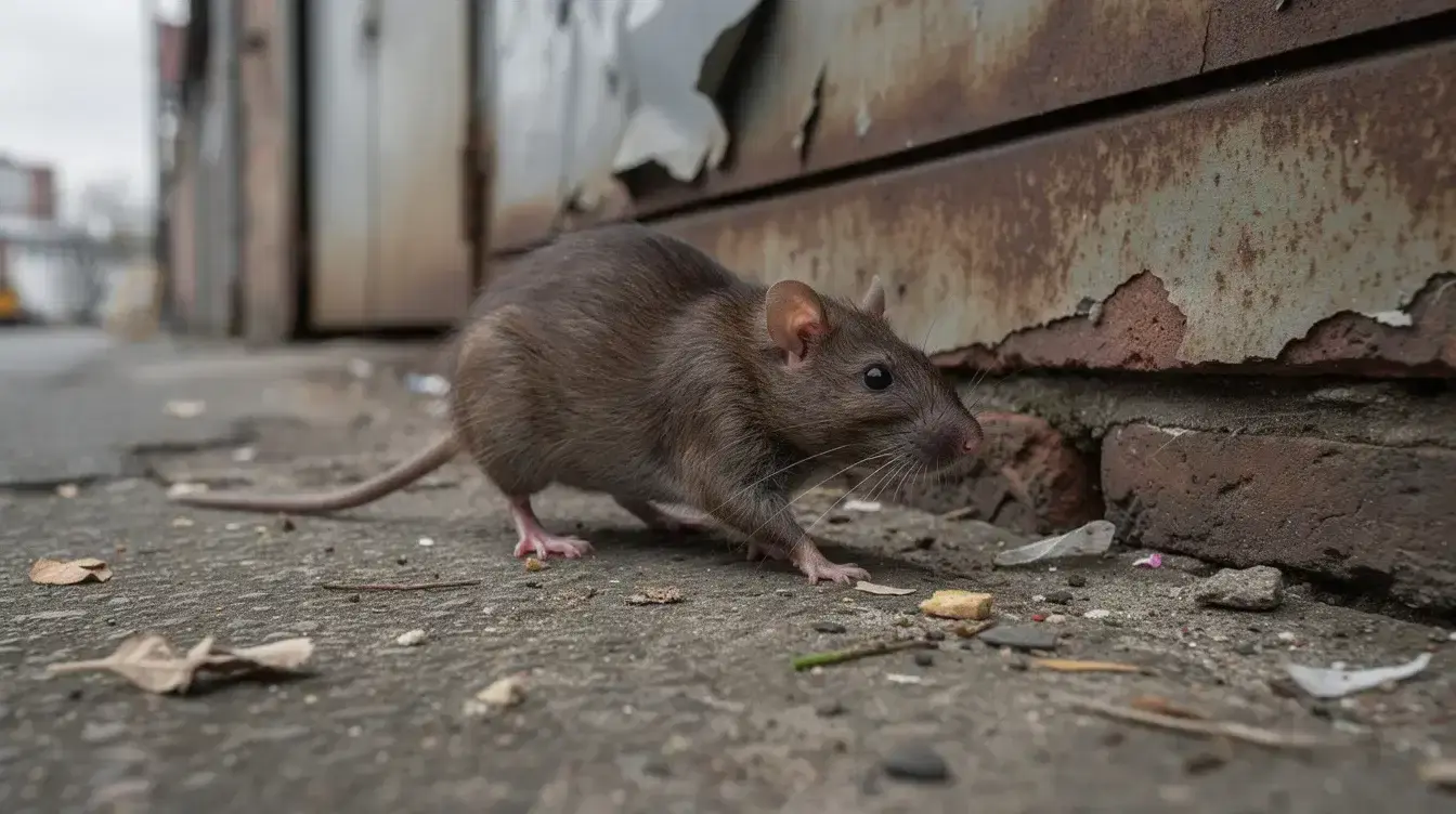 Un rat brun se déplace le long d'un mur d'un bâtiment industriel dans un environnement urbain, illustrant la présence de rongeurs dans des zones peuplées. Cette image souligne l'importance des services de dératisation et de désinsectisation pour prévenir l'infestation et garantir la sécurité des locaux.