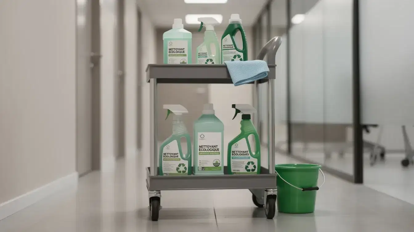 Des flacons de produits nettoyants écologiques de couleur verte sont soigneusement alignés sur un chariot de nettoyage professionnel, situé dans un couloir de bureau. Cette image évoque l'importance de la propreté et de l'hygiène dans les espaces de travail, témoignant du savoir-faire des professionnels du secteur.