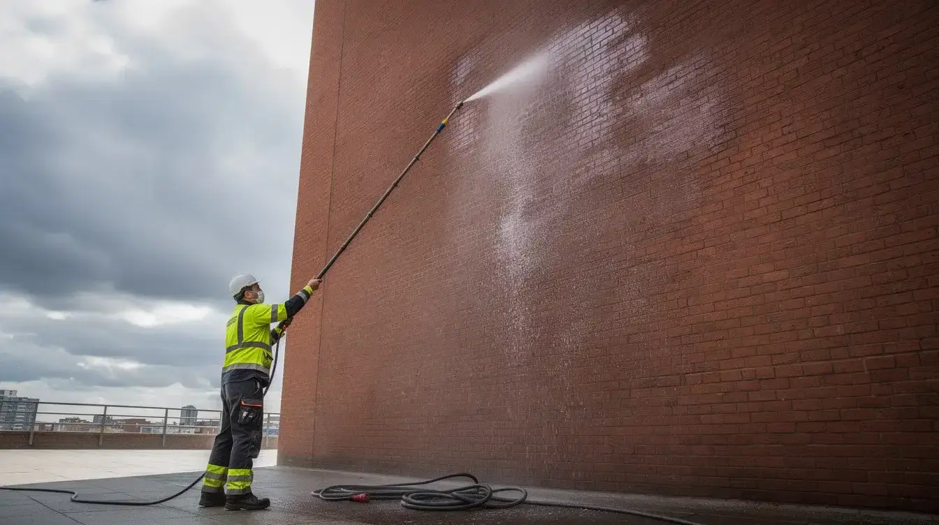 Un technicien de nettoyage utilise une perche et un système d'eau pure pour nettoyer une façade en brique, tandis qu'un ciel nuageux s'étend en arrière-plan. Cette scène illustre le professionnalisme et la qualité des services offerts par une entreprise de nettoyage dans la ville.