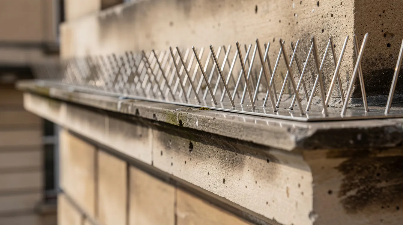 Gros plan sur des pics anti-pigeons en inox, installés sur la corniche d'un bâtiment en pierre, illustrant une solution efficace pour la lutte contre la présence de pigeons. Ces dispositifs sont essentiels pour la sécurité et le bien-être des habitations, en prévenant les dégradations causées par les fientes de pigeons.