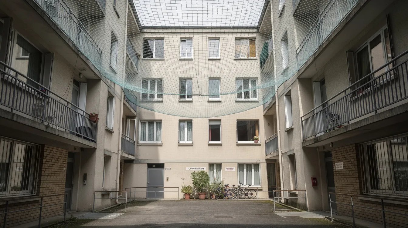 L'image montre une cour intérieure d'immeuble urbain, où des filets de protection ont été installés entre les bâtiments pour lutter contre la présence de pigeons. Cette solution de sécurité vise à prévenir les dégradations causées par les fientes de pigeons et à garantir le bien-être des habitants.