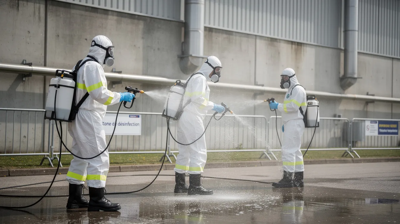 Des techniciens en combinaison de protection et portant des masques nettoient une surface extérieure d'un bâtiment industriel, s'assurant d'éliminer les fientes de pigeons pour garantir la santé publique et l'entretien des façades. Cette intervention fait partie des services d'une entreprise de dépigeonnage, visant à prévenir les dégradations causées par la présence de volatiles.