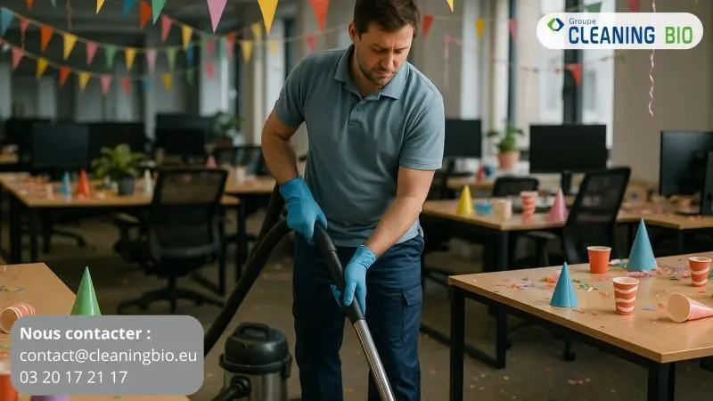 Agent Cleaning Bio assurant le nettoyage de bureaux après un événement professionnel