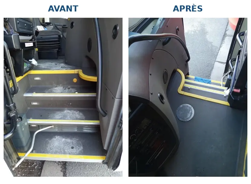 Escaliers d’accès d’un autocar ou bus : image montrant le avant/après nettoyage professionnel opéré par Clening Bio