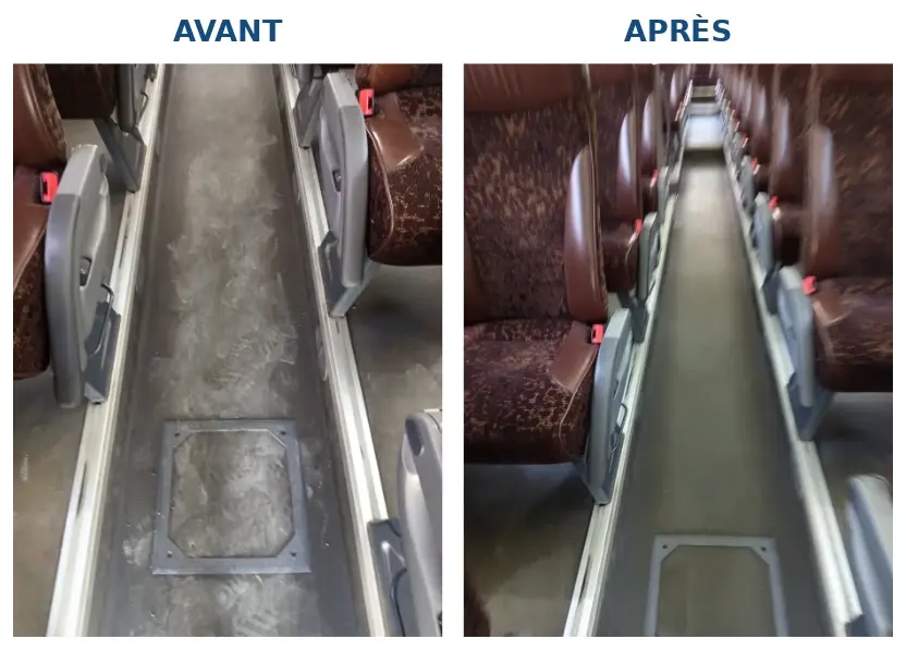 Allée centrale d’un autocar ou bus : image montrant le avant/après nettoyage professionnel opéré par Clening Bio