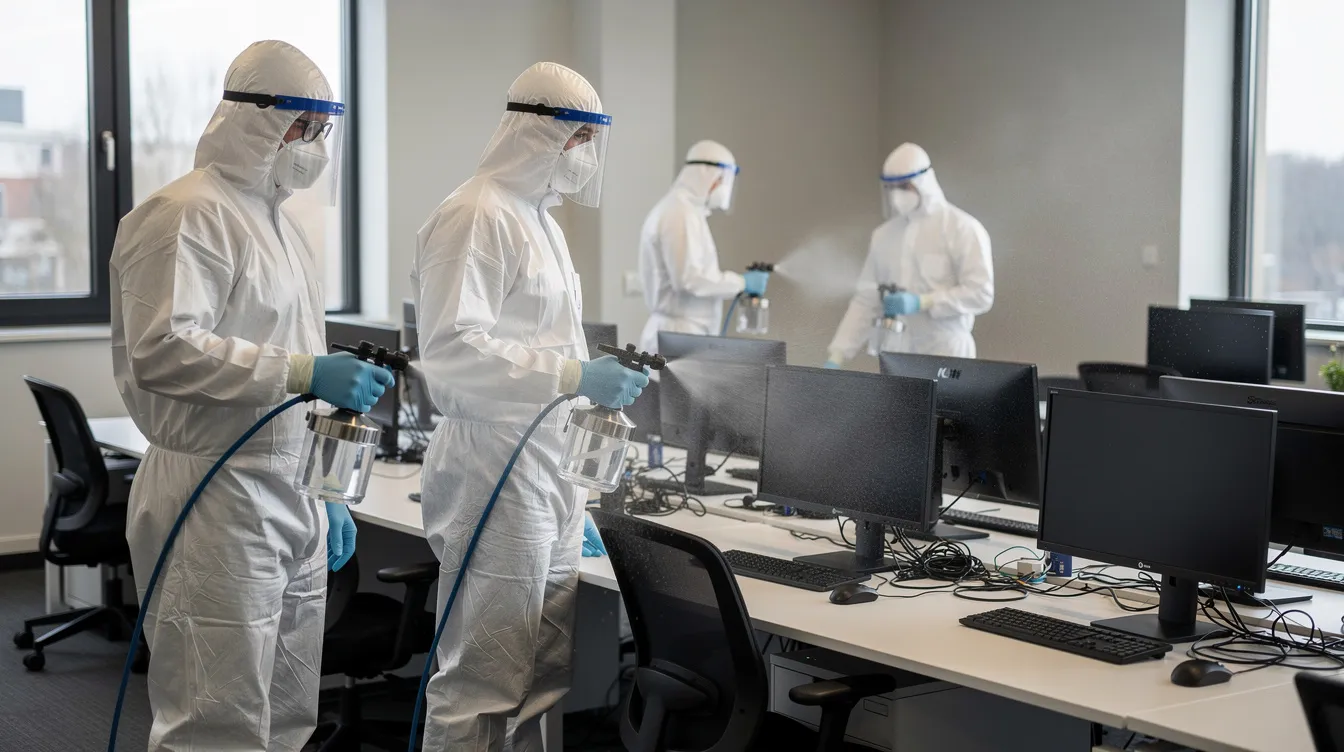 Une équipe de professionnels en combinaison de protection effectue une désinfection des locaux dans un espace de bureaux, utilisant des désinfectants pour éliminer les agents infectieux tels que les virus et les bactéries. Leur intervention vise à assurer la sécurité et l'hygiène des lieux de travail, en prévenant la propagation des germes et des agents pathogènes.