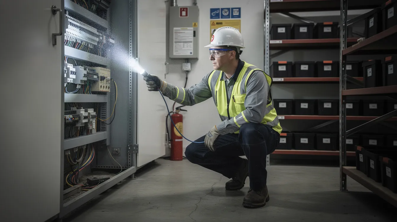 Un technicien en équipement de protection inspecte un local professionnel avec une lampe torche, prêt à intervenir contre les nuisibles. Cette action fait partie des services de désinsectisation et dératisation offerts par une entreprise spécialisée.