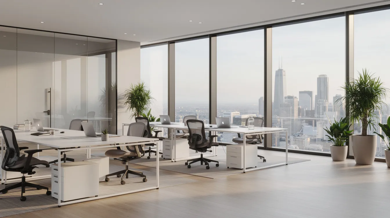 Un espace de bureaux moderne et lumineux, avec de grandes baies vitrées, reflète un environnement de travail agréable et bien entretenu. La propreté et l'hygiène des locaux sont assurées grâce à des pratiques de nettoyage rigoureuses et à l'utilisation de produits adaptés pour garantir un cadre sain et sécurisé pour les employés.