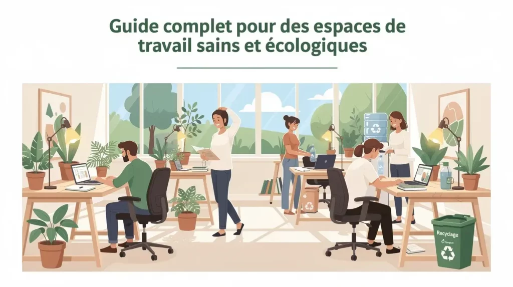 L'image illustre un guide complet pour créer des espaces de travail sains et écologiques, mettant en avant des bureaux bien rangés et propres. On y voit des collaborateurs engagés dans des gestes de nettoyage, utilisant des produits écologiques pour assurer la propreté et l'hygiène de leur environnement de travail.