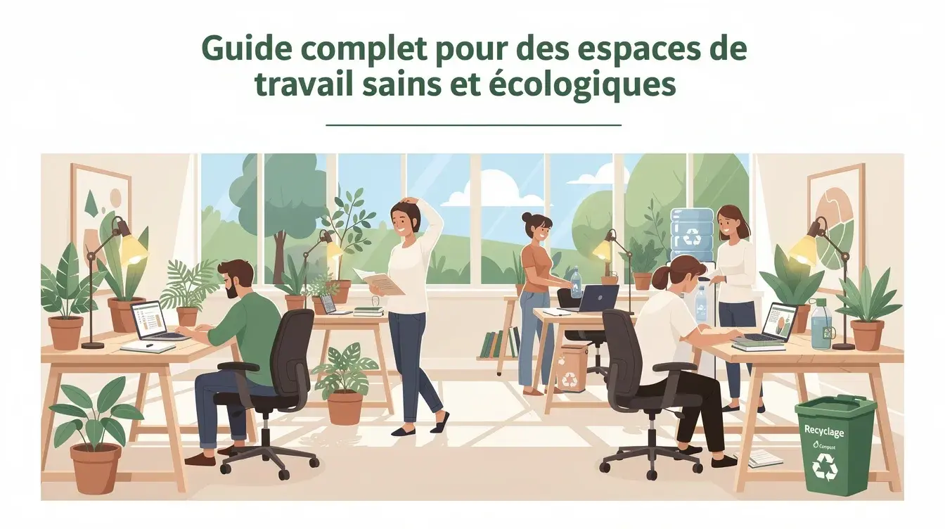 L'image illustre un guide complet pour créer des espaces de travail sains et écologiques, mettant en avant des bureaux bien rangés et propres. On y voit des collaborateurs engagés dans des gestes de nettoyage, utilisant des produits écologiques pour assurer la propreté et l'hygiène de leur environnement de travail.