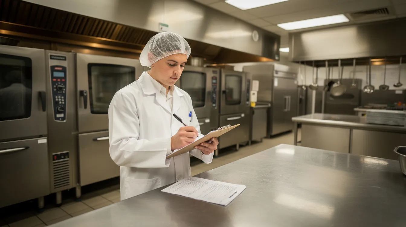Un professionnel de la désinsectisation remplit un rapport d'inspection dans une cuisine industrielle en inox, mettant en avant l'importance de la sécurité et de l'hygiène dans ce type de lieu. Ce travail fait partie d'une intervention pour lutter contre les nuisibles et garantir un environnement sain pour les clients.