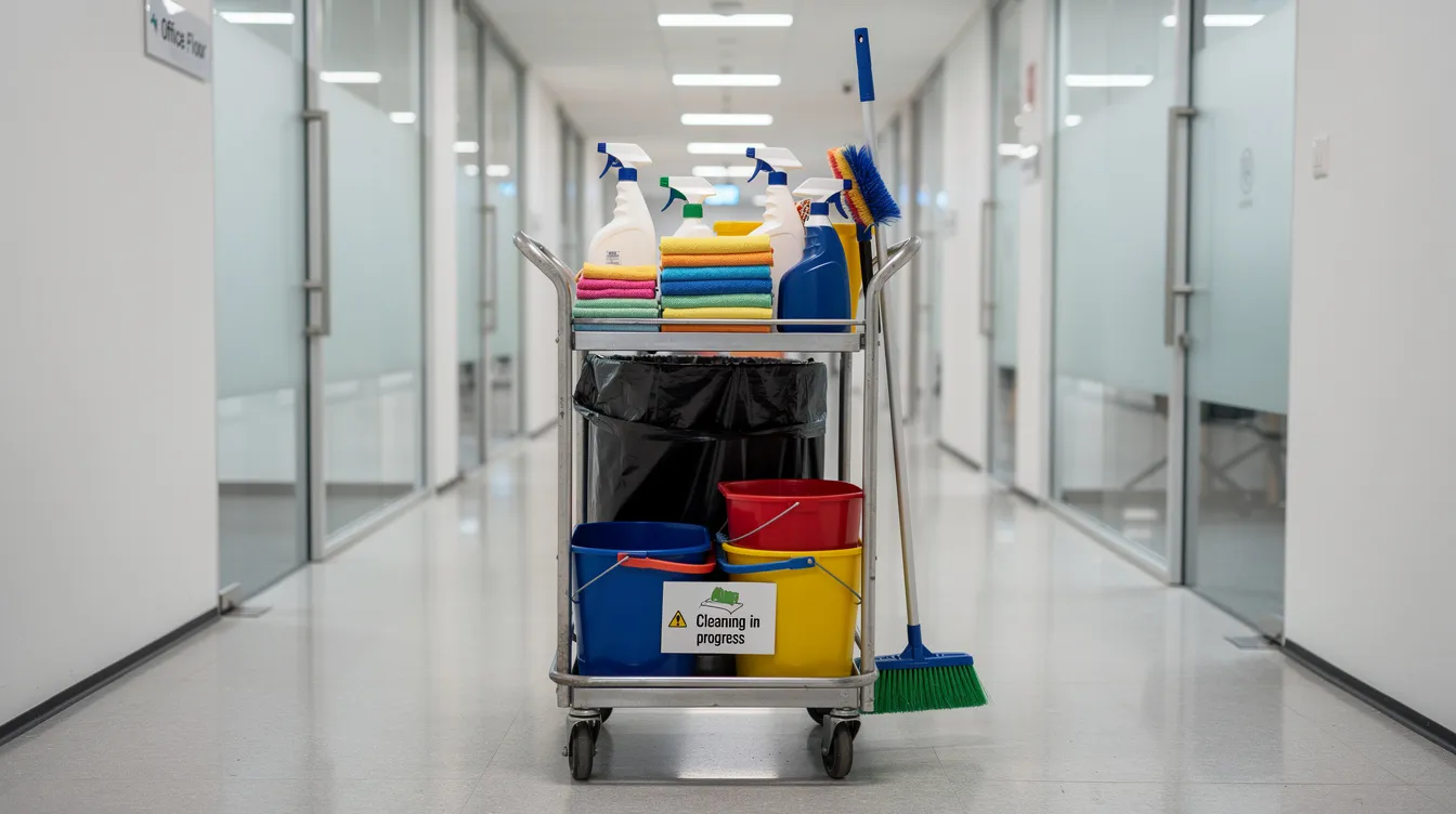 Un chariot de nettoyage professionnel est soigneusement organisé avec des équipements colorés, se tenant dans un couloir de bureau moderne. Cet espace met en avant l'importance de l'hygiène et de la propreté au sein des locaux professionnels, en intégrant des pratiques de nettoyage efficaces pour assurer la santé et le bien-être des employés.