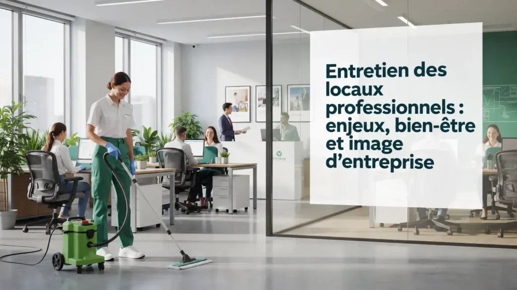 L'image illustre l'entretien des locaux professionnels, mettant en avant des agents de nettoyage en action dans des bureaux modernes, soulignant l'importance de la propreté et de l'hygiène pour le bien-être des employés et l'image de l'entreprise. On y voit également des équipements de nettoyage et des produits utilisés pour maintenir un environnement de travail sain et agréable.