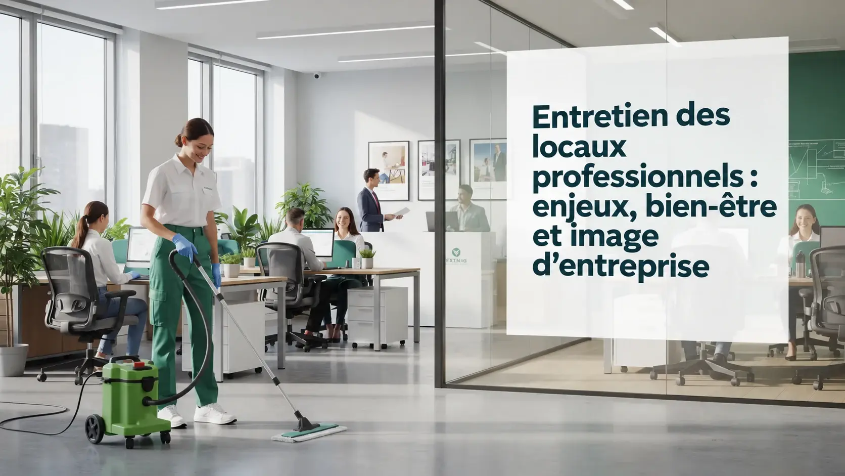L'image illustre l'entretien des locaux professionnels, mettant en avant des agents de nettoyage en action dans des bureaux modernes, soulignant l'importance de la propreté et de l'hygiène pour le bien-être des employés et l'image de l'entreprise. On y voit également des équipements de nettoyage et des produits utilisés pour maintenir un environnement de travail sain et agréable.