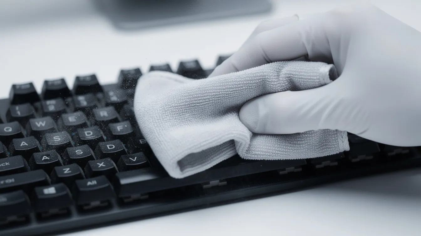 Des mains gantées nettoient délicatement un clavier d'ordinateur avec un chiffon en microfibre, mettant en avant l'importance de l'hygiène dans les bureaux pour garantir un environnement de travail sain et productif. Ce geste contribue à la propreté des espaces de travail et à la protection des employés contre les bactéries.
