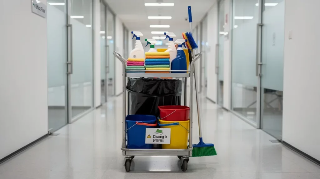 Un chariot de nettoyage professionnel est soigneusement organisé avec des équipements colorés, se tenant dans un couloir de bureau moderne. Cet espace met en avant l'importance de l'hygiène et de la propreté au sein des locaux professionnels, en intégrant des pratiques de nettoyage efficaces pour assurer la santé et le bien-être des employés.