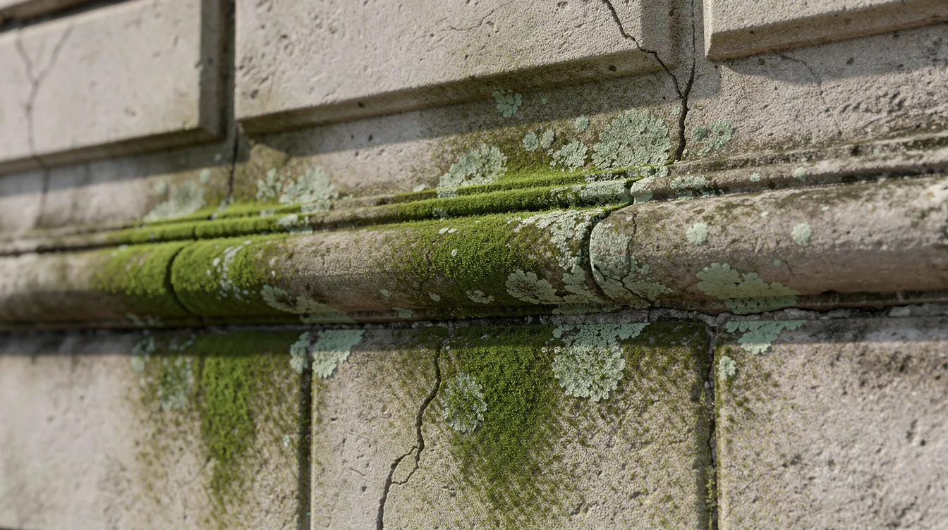 Gros plan sur une façade d'immeuble présentant des taches vertes de mousse et de lichen qui s'accumulent entre les joints de maçonnerie, illustrant le besoin d'un nettoyage de façade professionnel pour éliminer les salissures et préserver l'esthétique des murs.