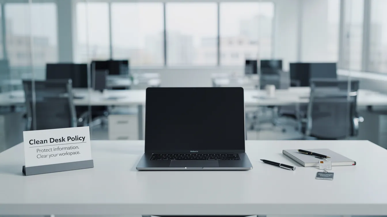 Une image illustrant la politique de bureau propre montre un espace de travail organisé, avec des surfaces dégagées et des produits de nettoyage à portée de main. Cette propreté favorise le bien-être des employés et contribue à un environnement de travail sain, réduisant ainsi les risques de maladies et d'allergènes.