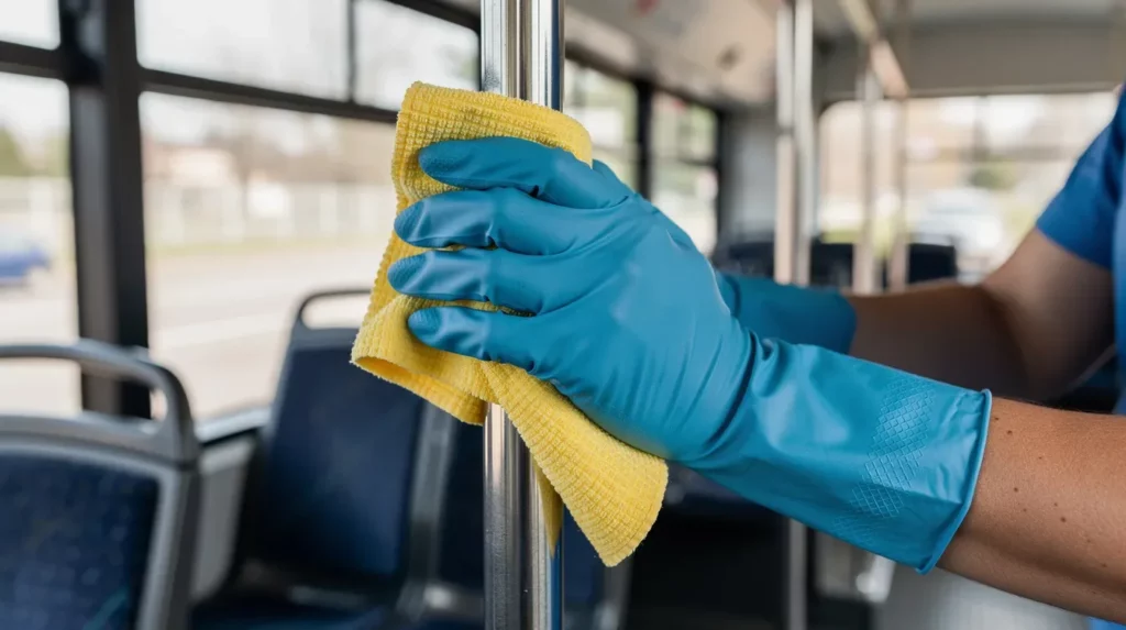 Un professionnel en gants bleus nettoie soigneusement une barre de maintien dans un bus avec un chiffon en microfibre, assurant ainsi la propreté et l'hygiène de cet espace de transport. Cette action fait partie des pratiques d'entretien régulières pour garantir la sécurité des passagers.